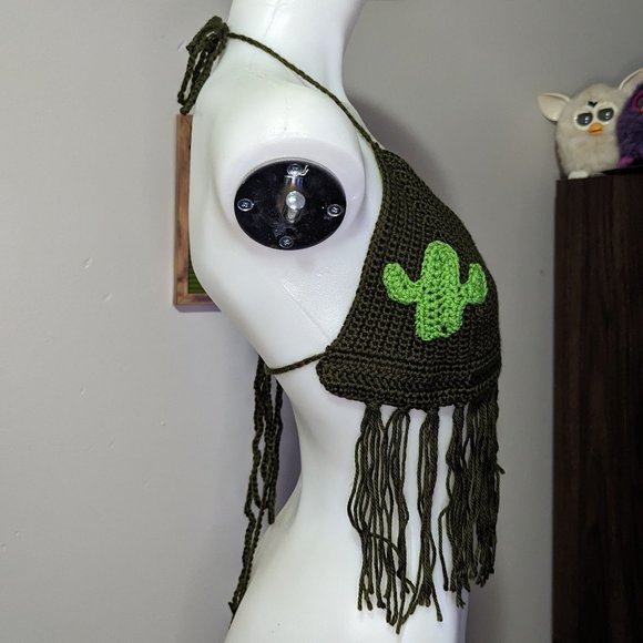 Hand Crafted Green Crochet Fringe Top Cactus Applique M - Picture 1 of 5
